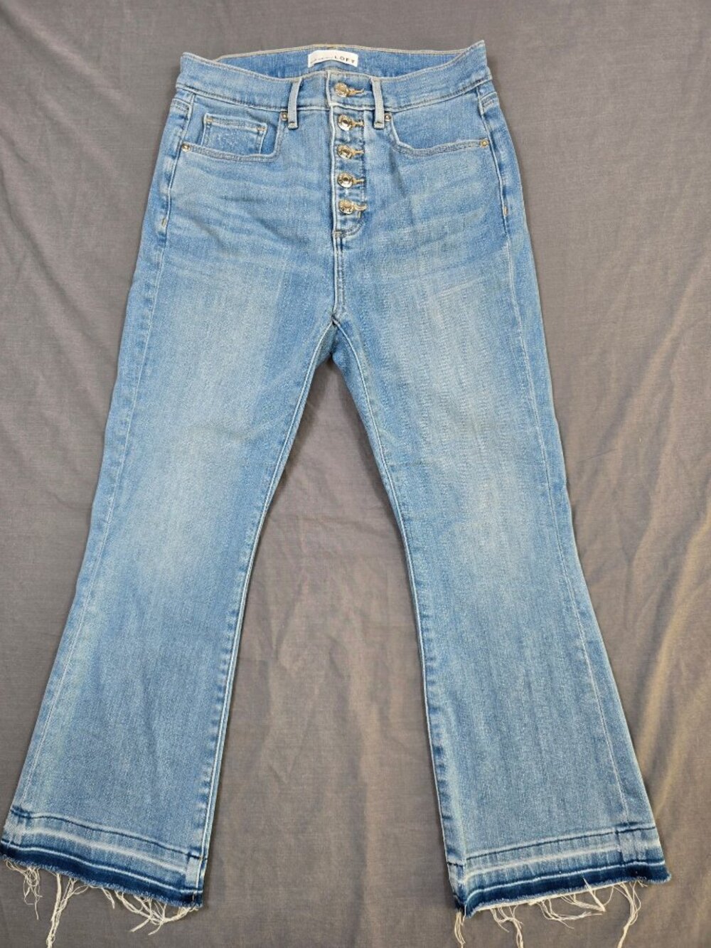 Loft Womens The Kick Crop Jeans Size 27 Petite Blue Distressed Frayed Hem